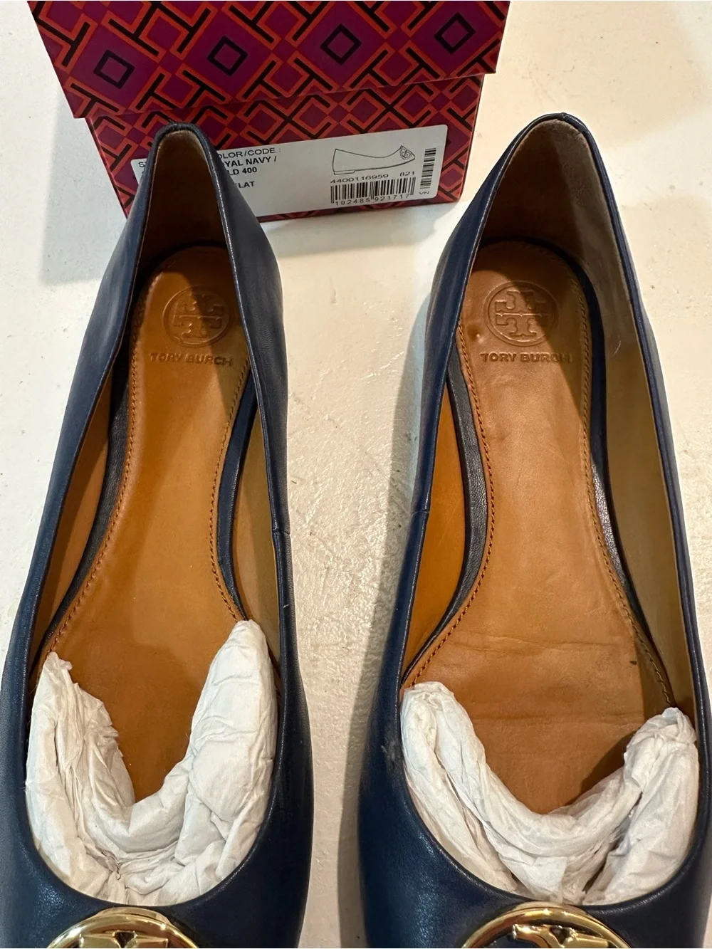 Tory Burch Chelsea Ballet Flat in Royal Navy with Gold Logo Medallion
